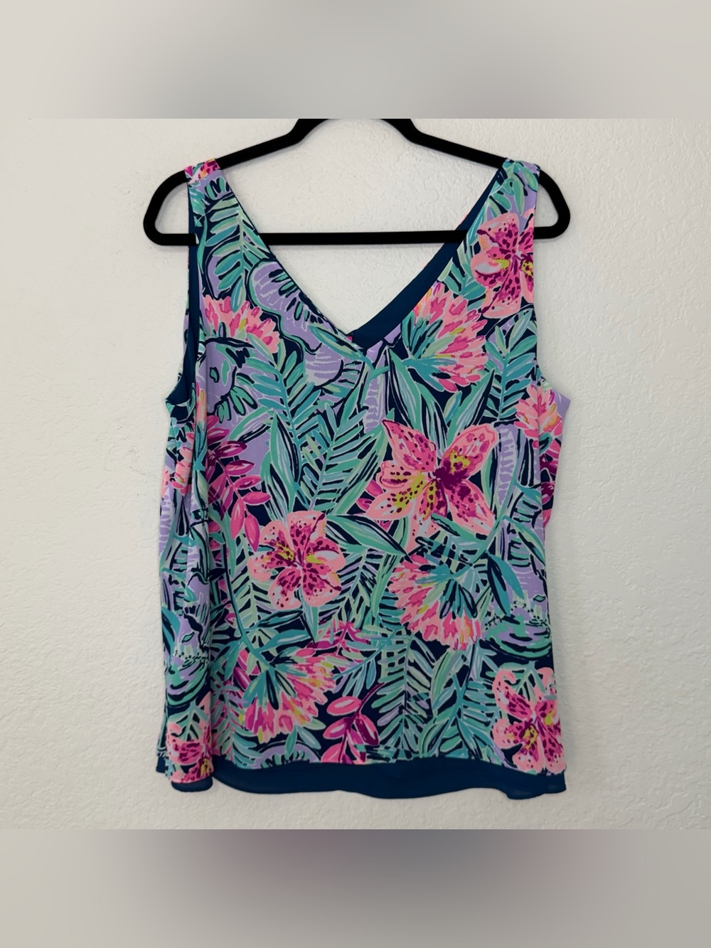 Lilly Pulitzer Blue Floral Slathouse Soiree Reversible Sleeveless Blouse Size XL